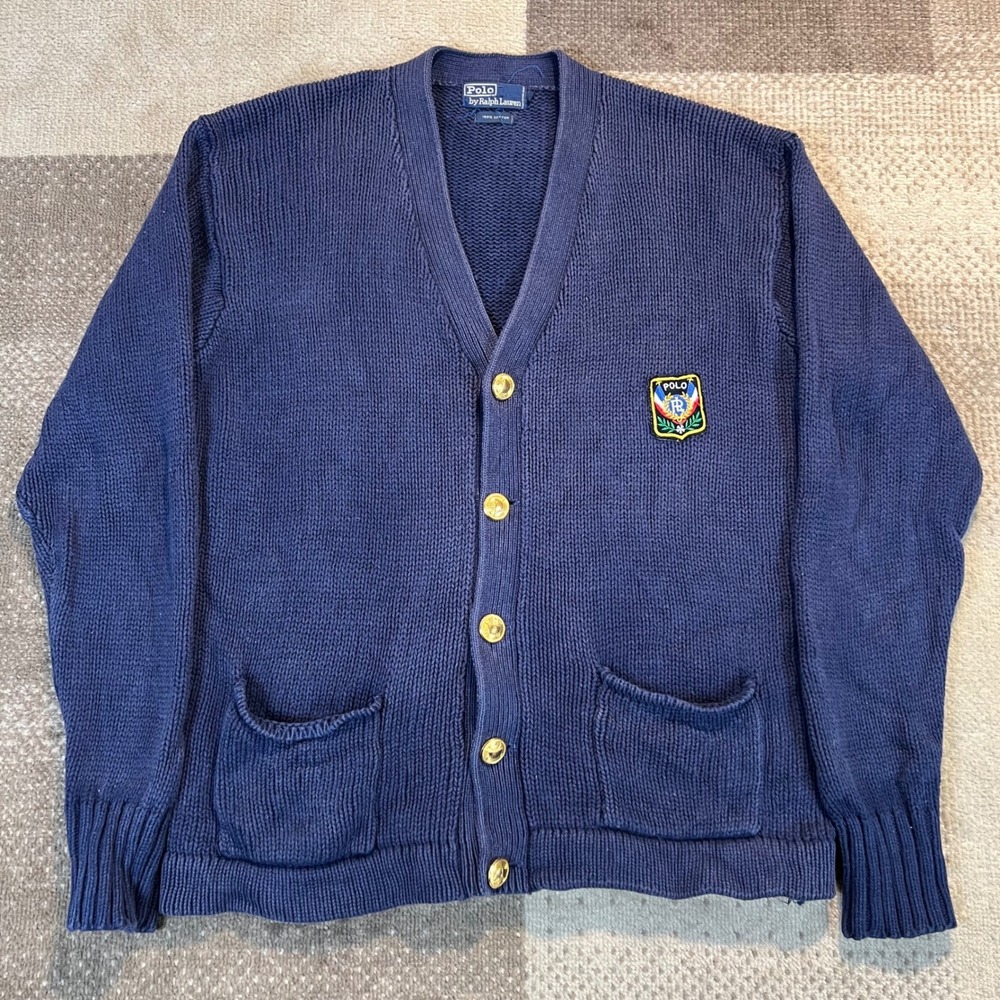 Vintage Polo Ralph Lauren Crest Patch Cotton Knit Blue Cardigan Mens Sweater L